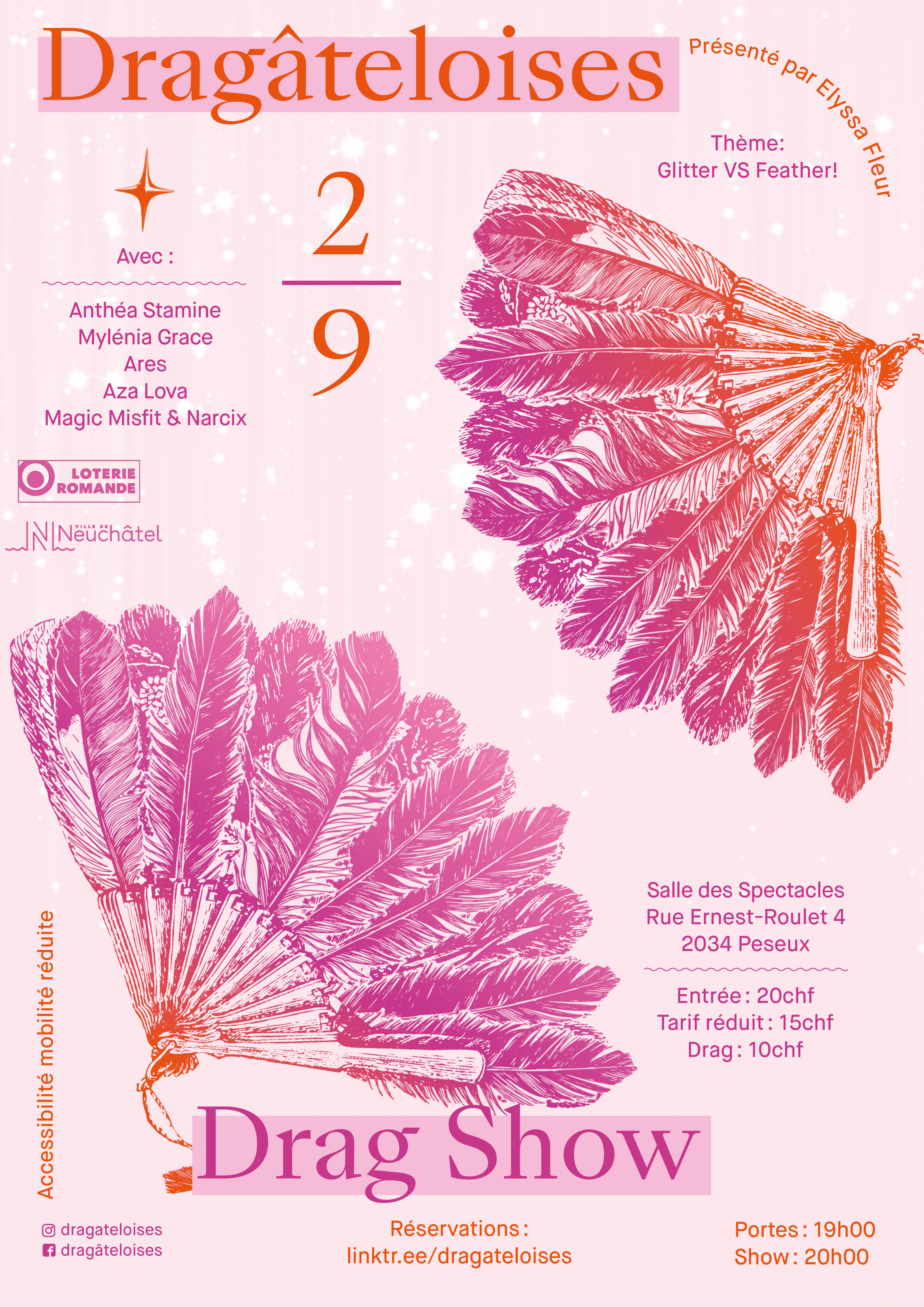 Affiche de la Dragâteloises du 2 septembre 2023 sous le thème "Glitter VS Feathers".