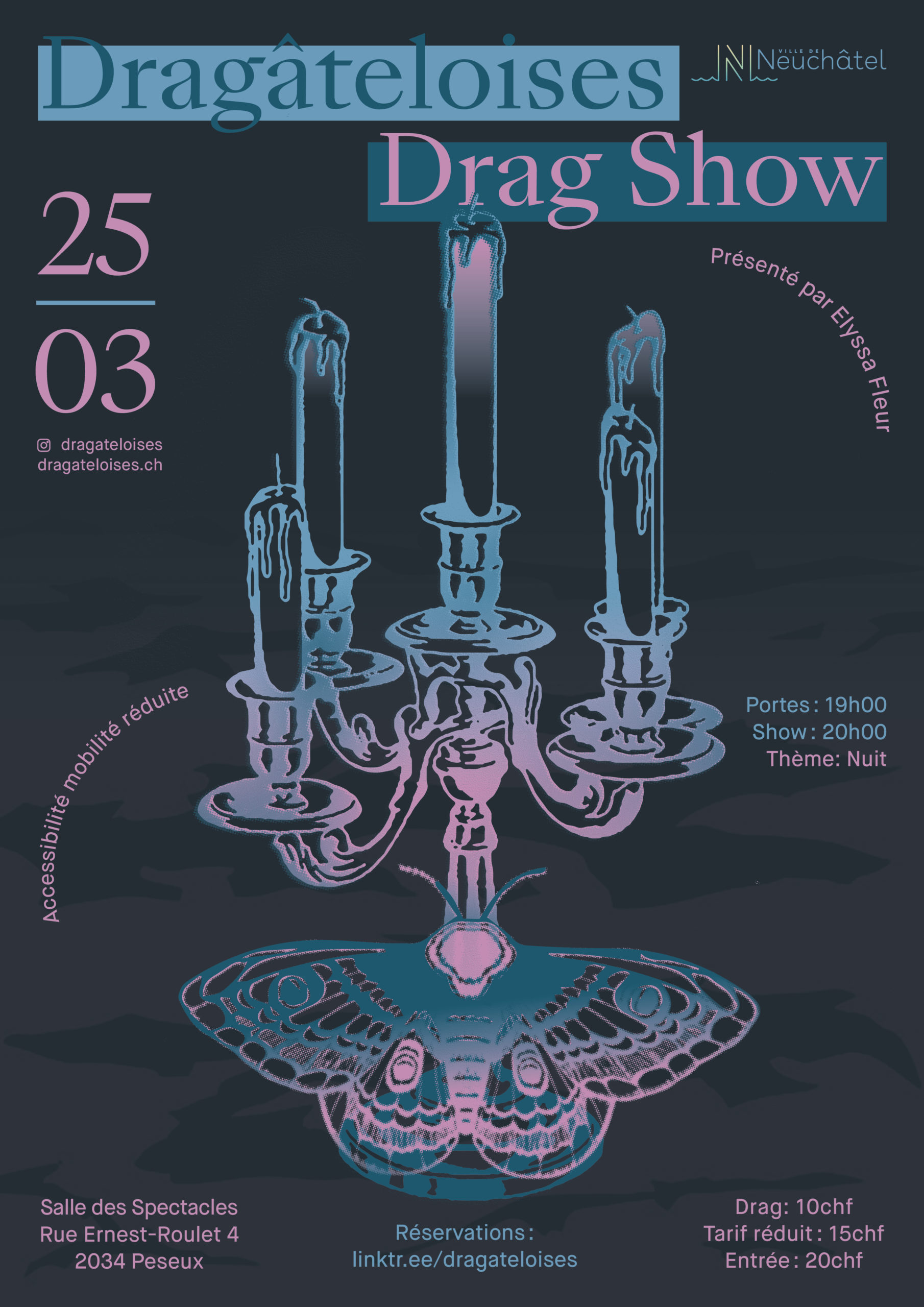 Affiche de la 8ème édition de Dragâteloises sur le thème "Nuit" qui a lieu le 25 mars 2023.