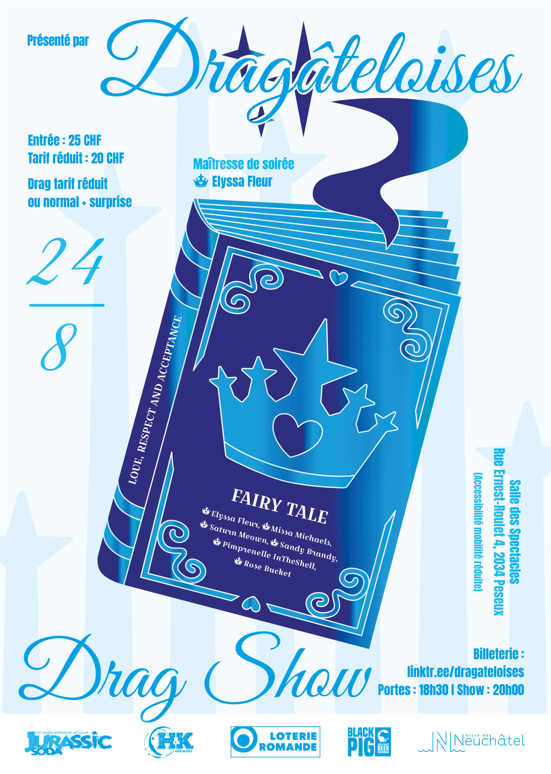 Affiche de la 12ème édition de Dragâteloises sous le thème "Fairy Tale" qui a eu lieu le 24.08.2024 à la Salle des Spectacles de Peseux.