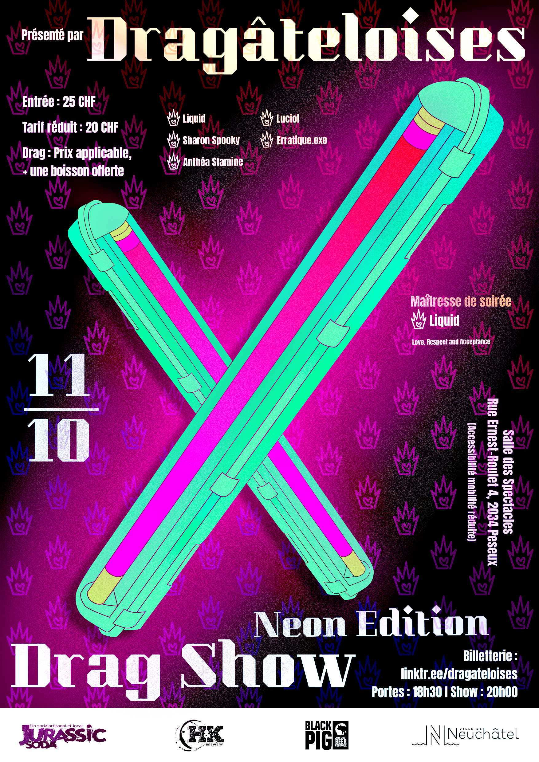 Affiche de la 16ème édition de Dragâteloises sous le thème "Neon" qui a eu lieu le 11.10.2025 à la Salle des Spectacles de Peseux.