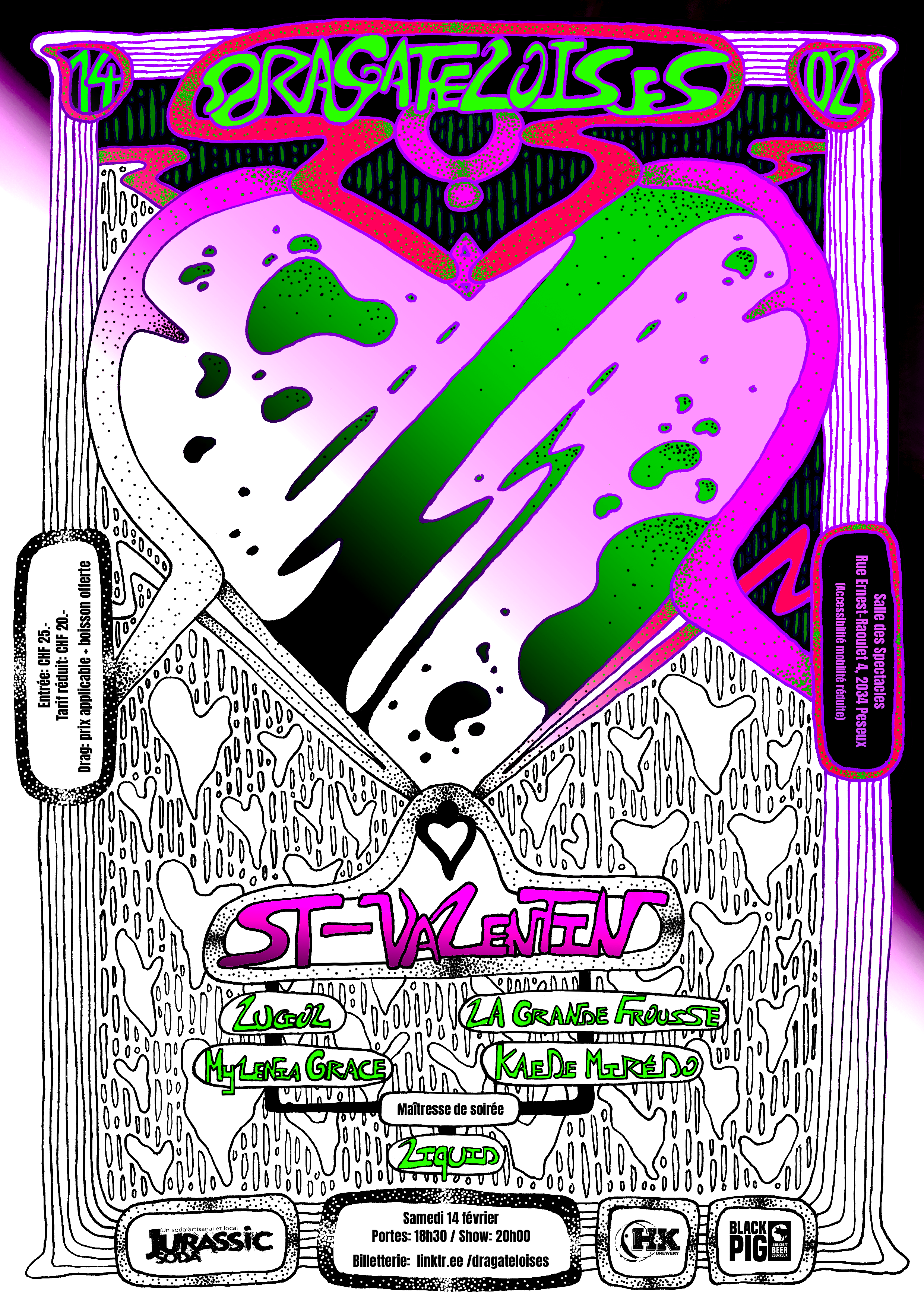 Affiche de la 17ème édition de Dragâteloises sous le thème "Saint-Valentin" qui a eu lieu le 14.04.2026 à la Salle des Spectacles de Peseux.